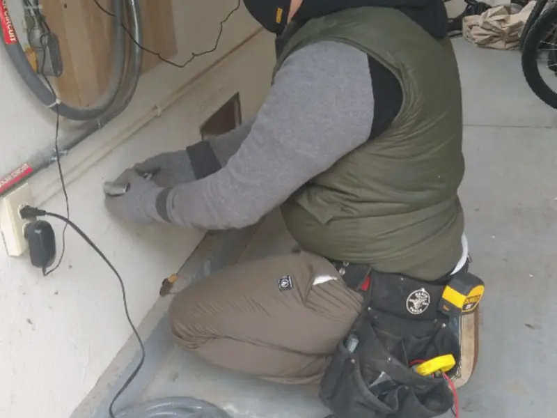 Electrician performing outlet wiring in a Holyoke garage